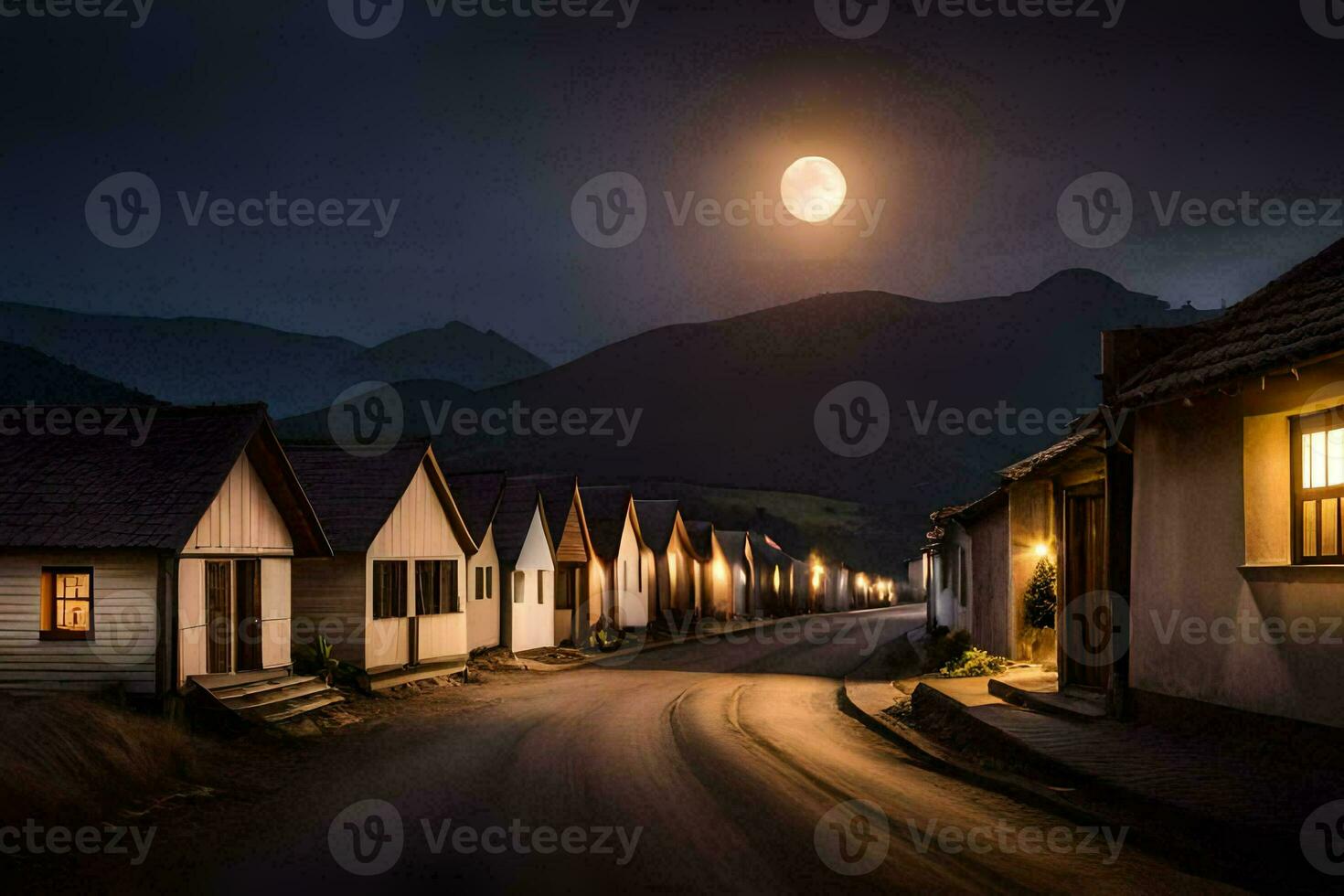 a street with houses and a full moon. AI-Generated photo