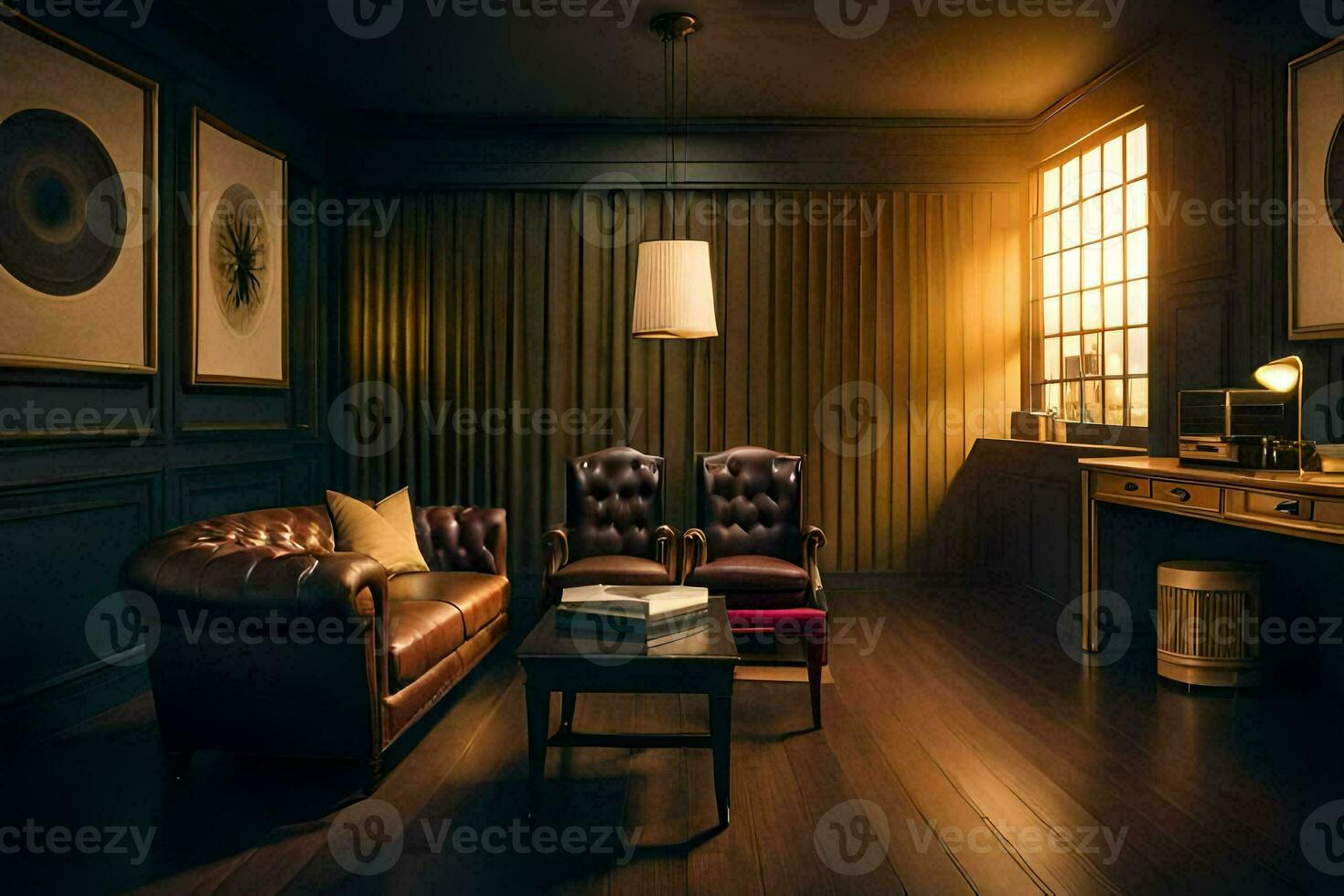 a room with leather chairs and a lamp. AI-Generated photo