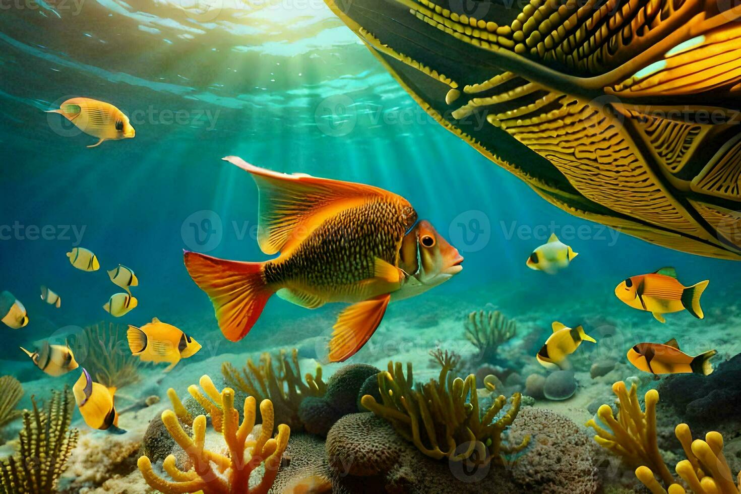 fish swimming in the ocean with coral reefs. AI-Generated photo