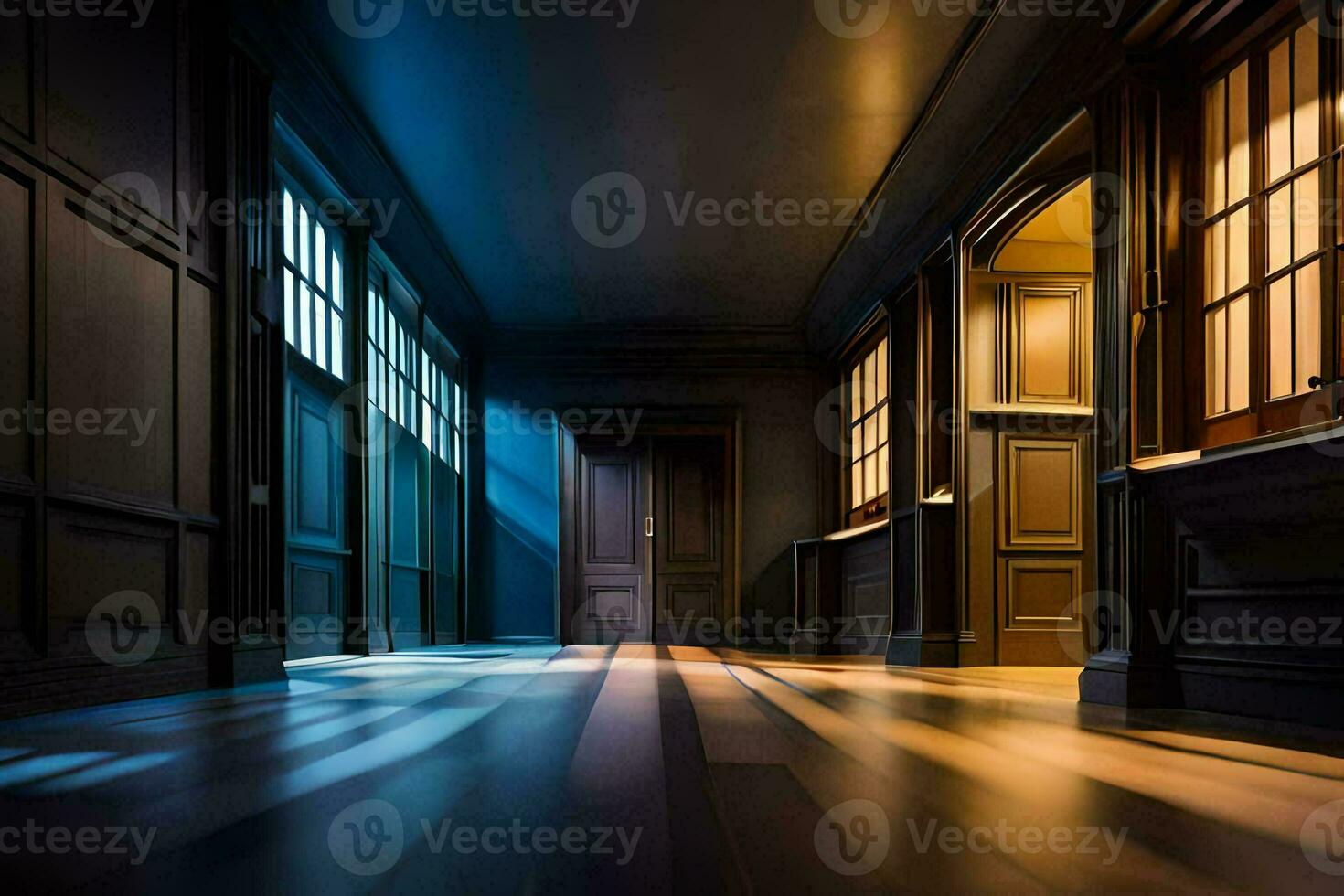 a dark hallway with wooden floors and light coming in. AI-Generated photo