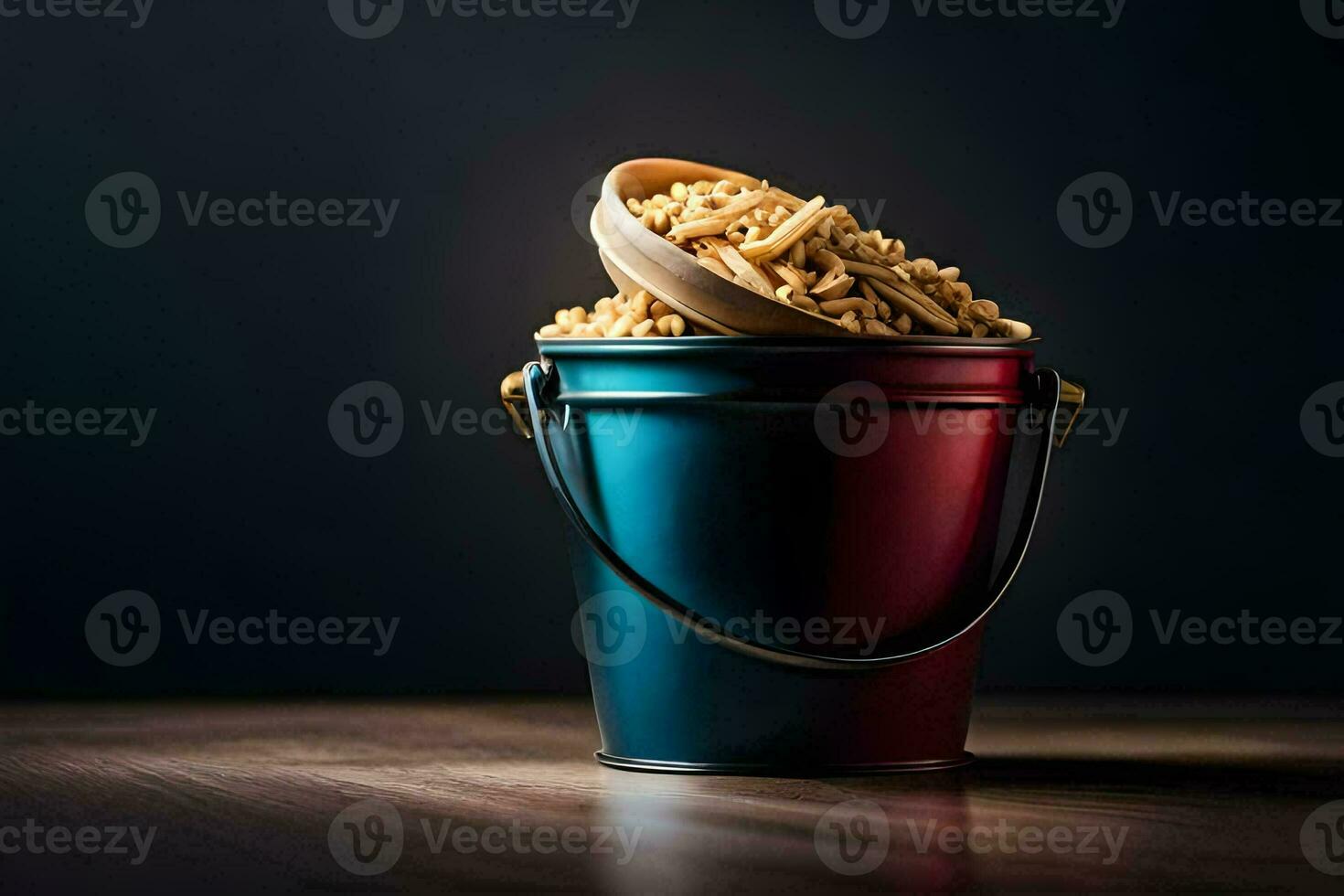 a bucket filled with cereal on a wooden table. AI-Generated photo