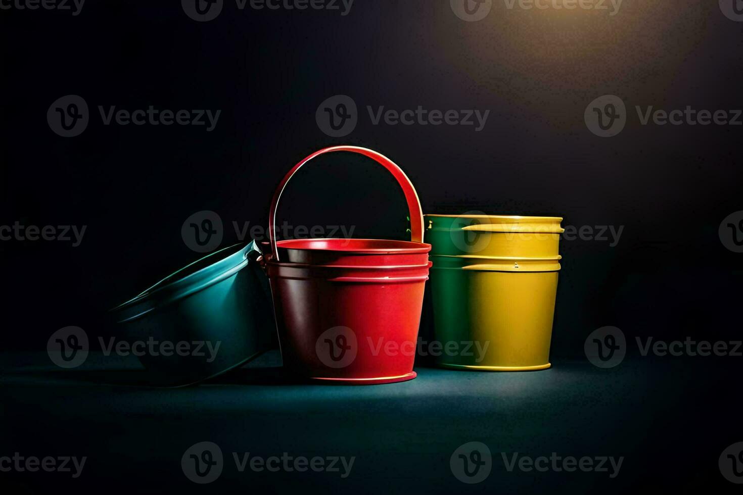 three colorful buckets on a dark background. AI-Generated photo