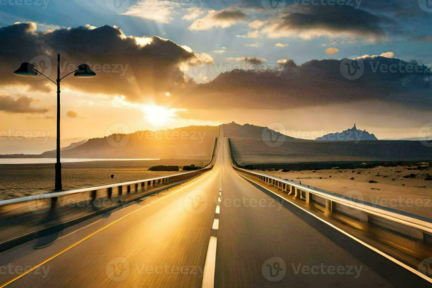 a long road with the sun setting behind it. AI-Generated photo