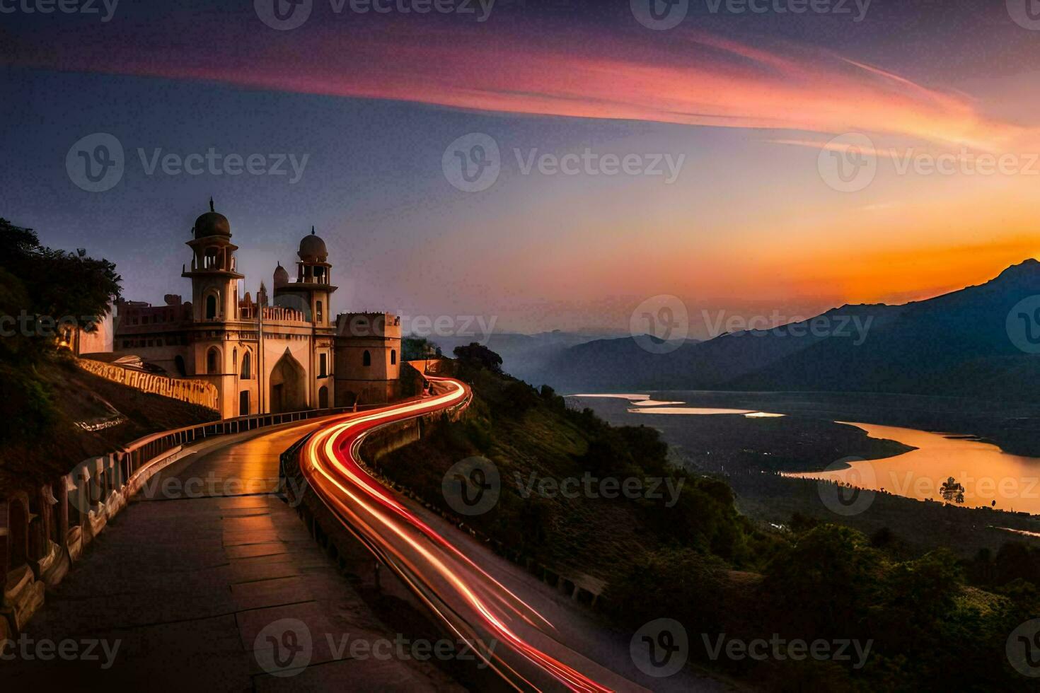 a sunset view of a bridge and a lake with a castle in the background. AI-Generated photo