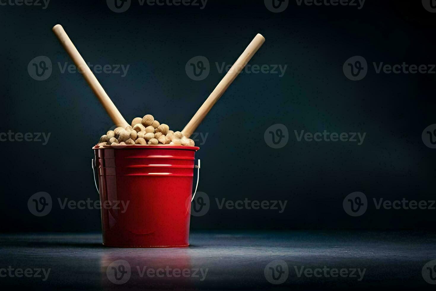 a red bucket filled with peanuts and two sticks. AI-Generated photo