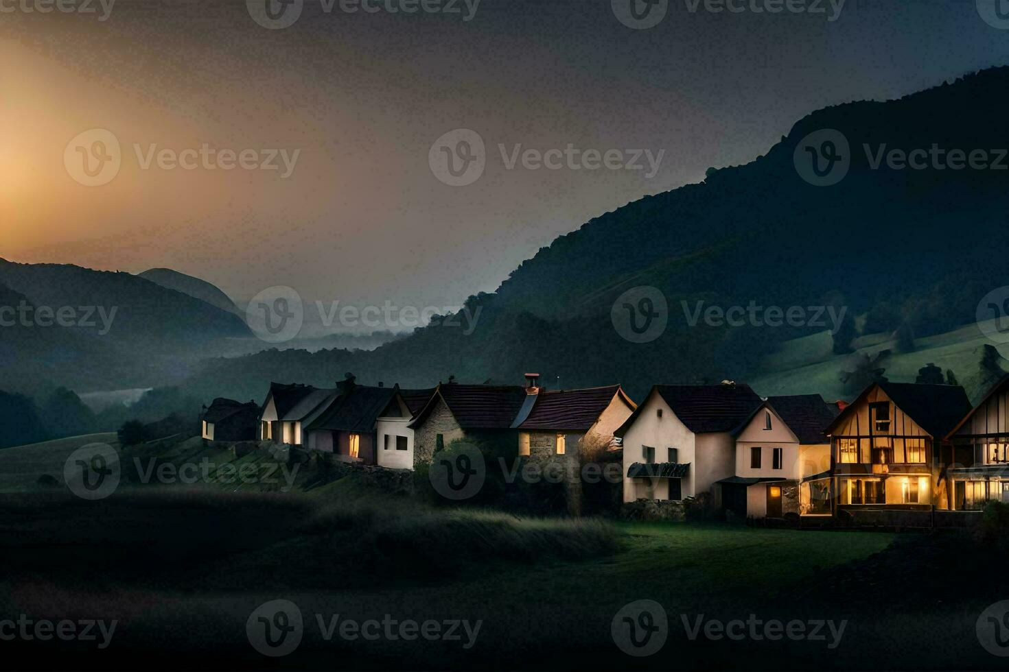 photo wallpaper the sky, mountains, houses, sunset, the mountains, houses, the mountains,. AI-Generated