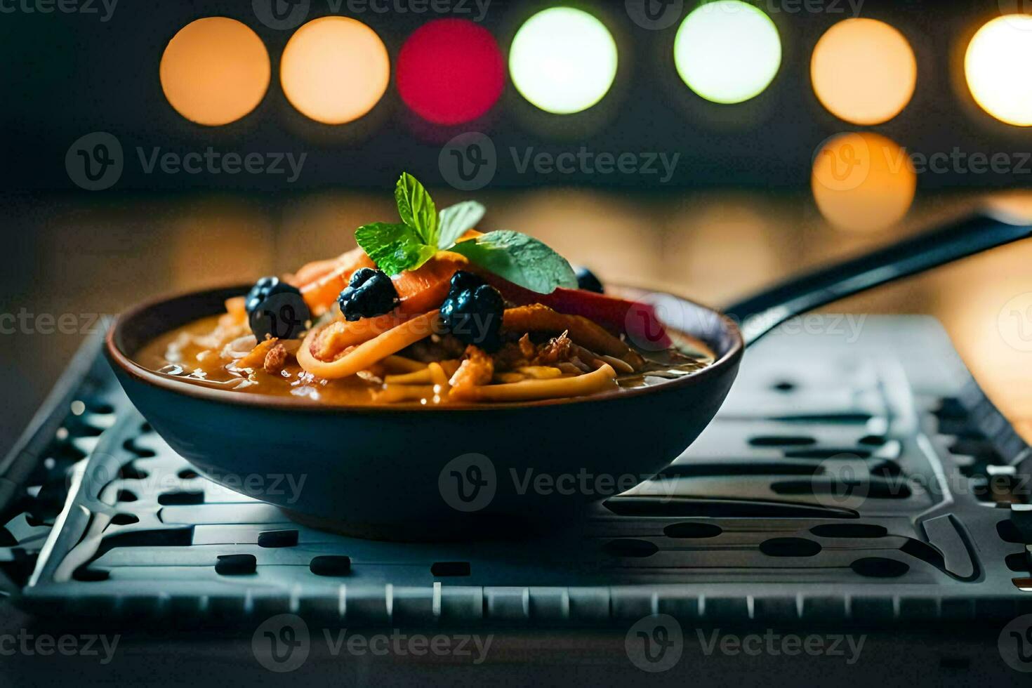 a bowl of pasta with vegetables and herbs. AI-Generated photo