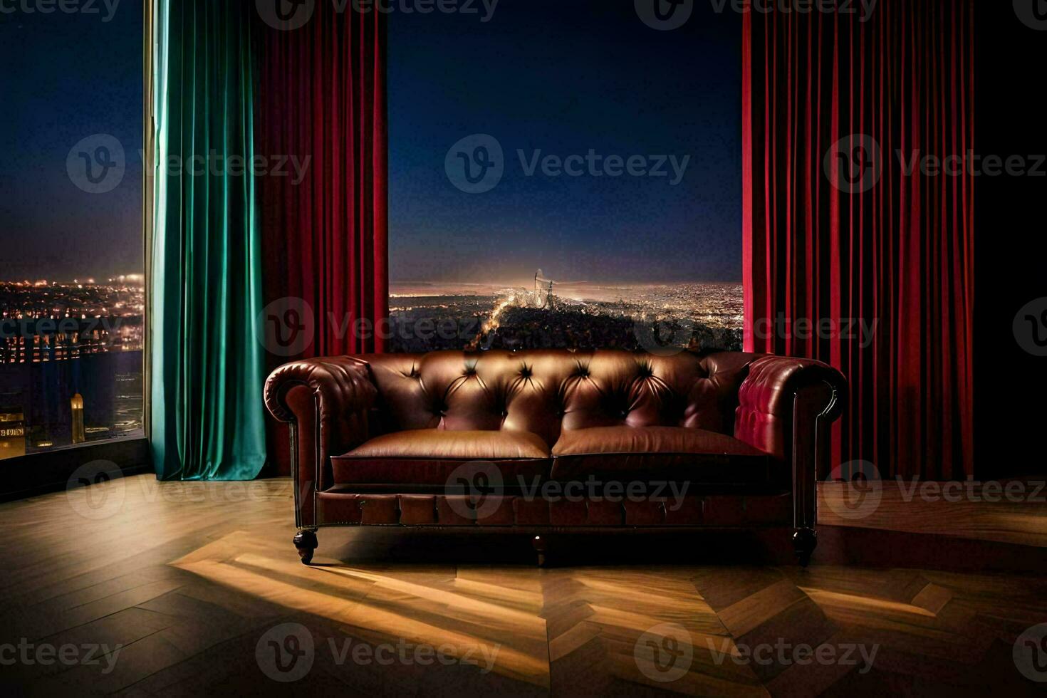 a leather couch in front of a window with a view of the city. AI-Generated photo