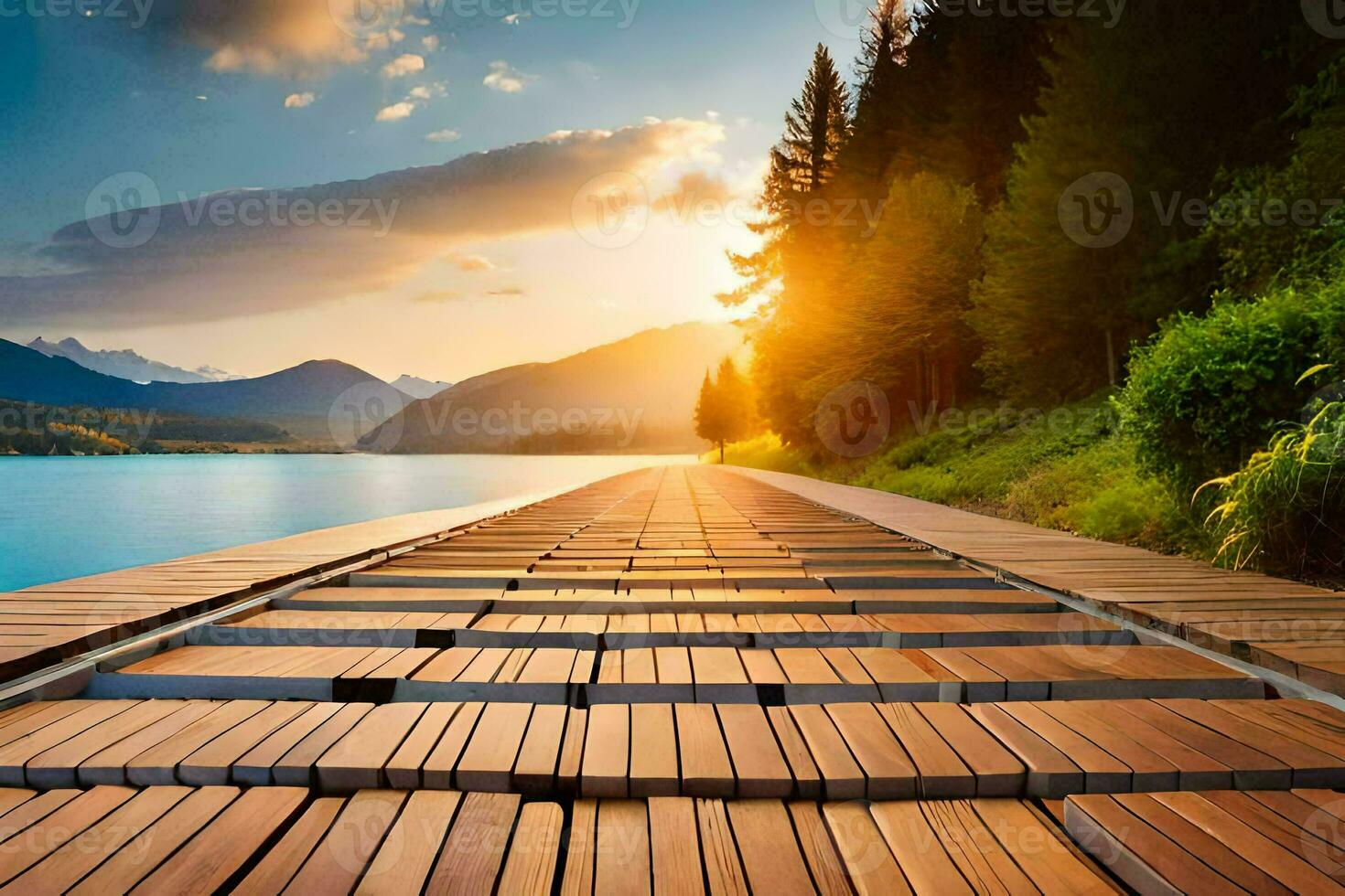 a wooden boardwalk leads to a lake and mountains. AI-Generated photo