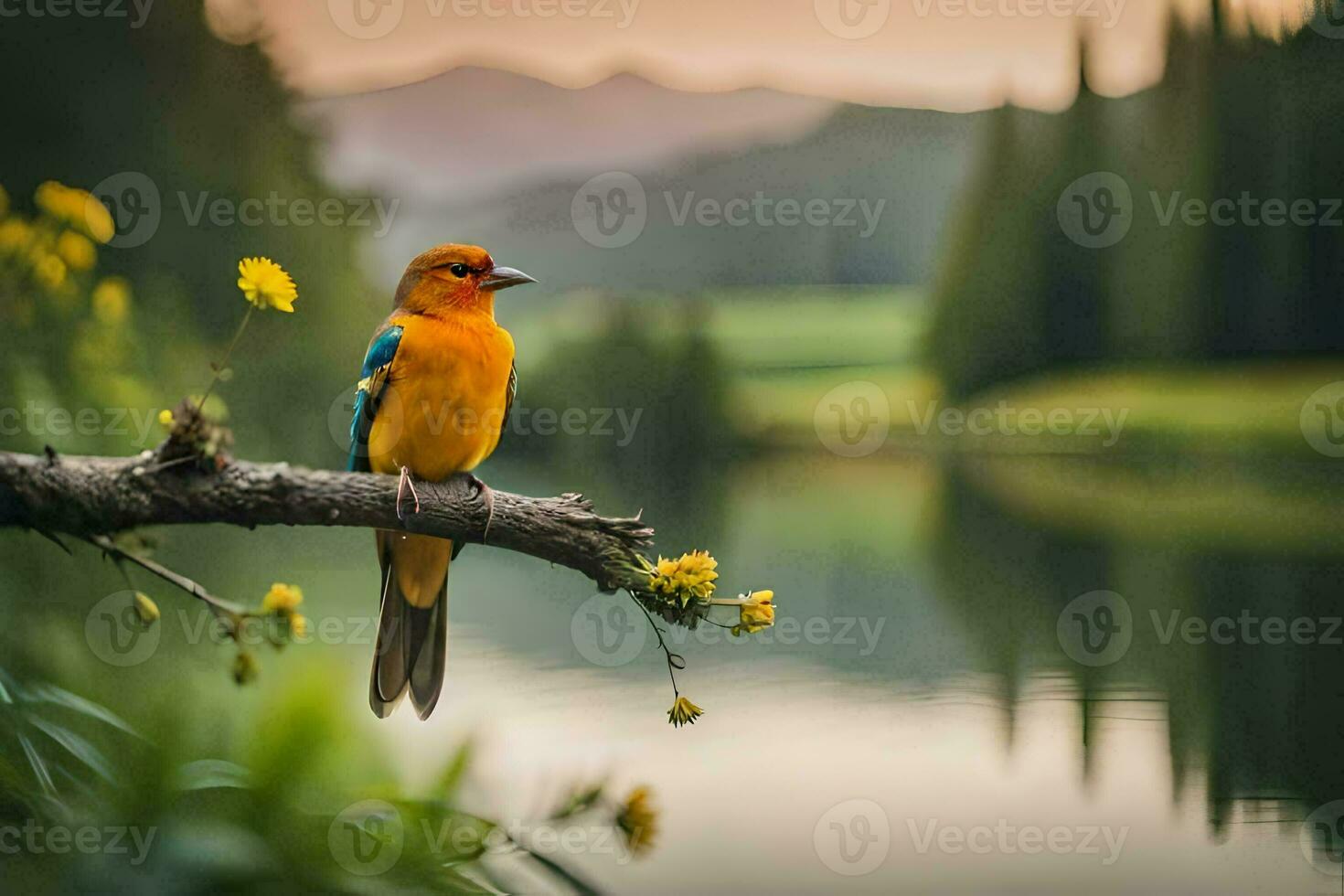 a colorful bird sits on a branch near a lake. AI-Generated photo