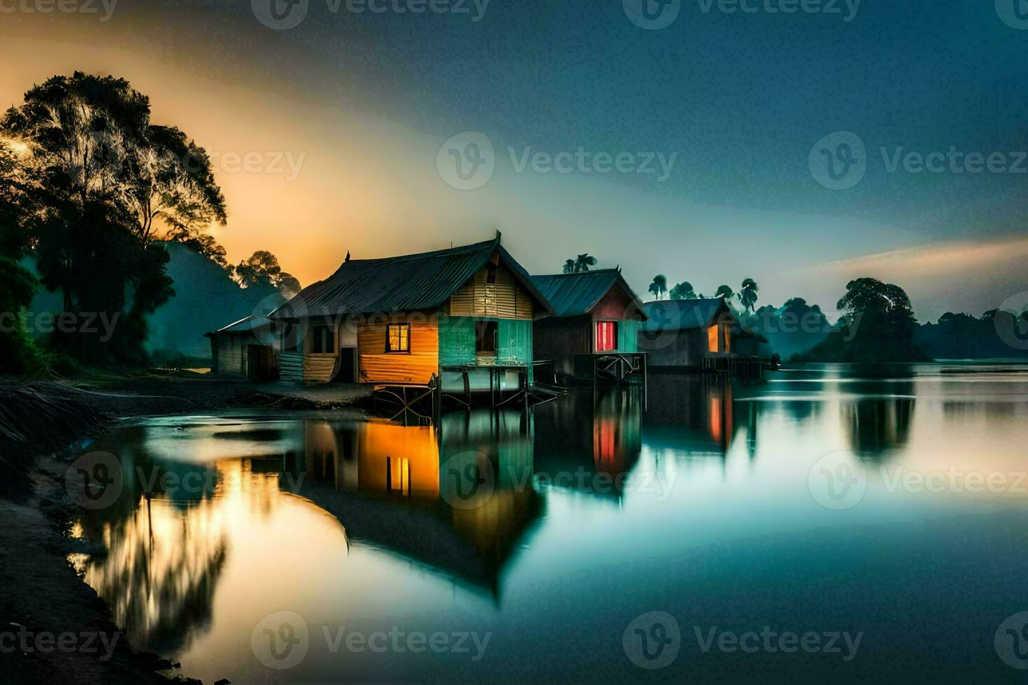 houses on the water at sunset. AI-Generated photo