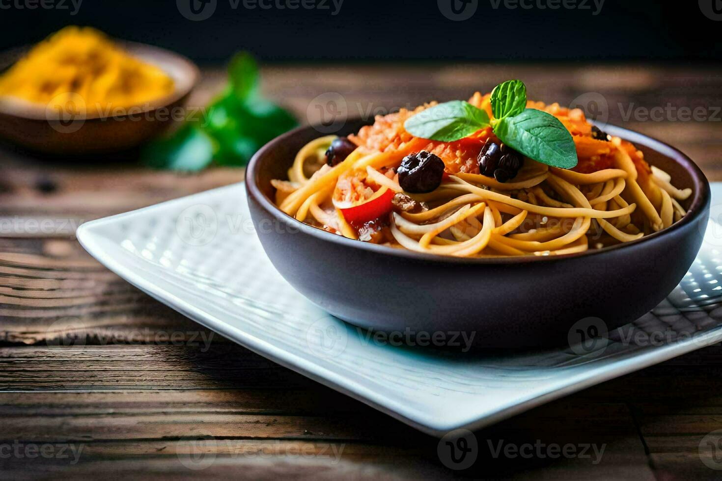 spaghetti with tomato sauce and olives on a wooden table. AI-Generated photo