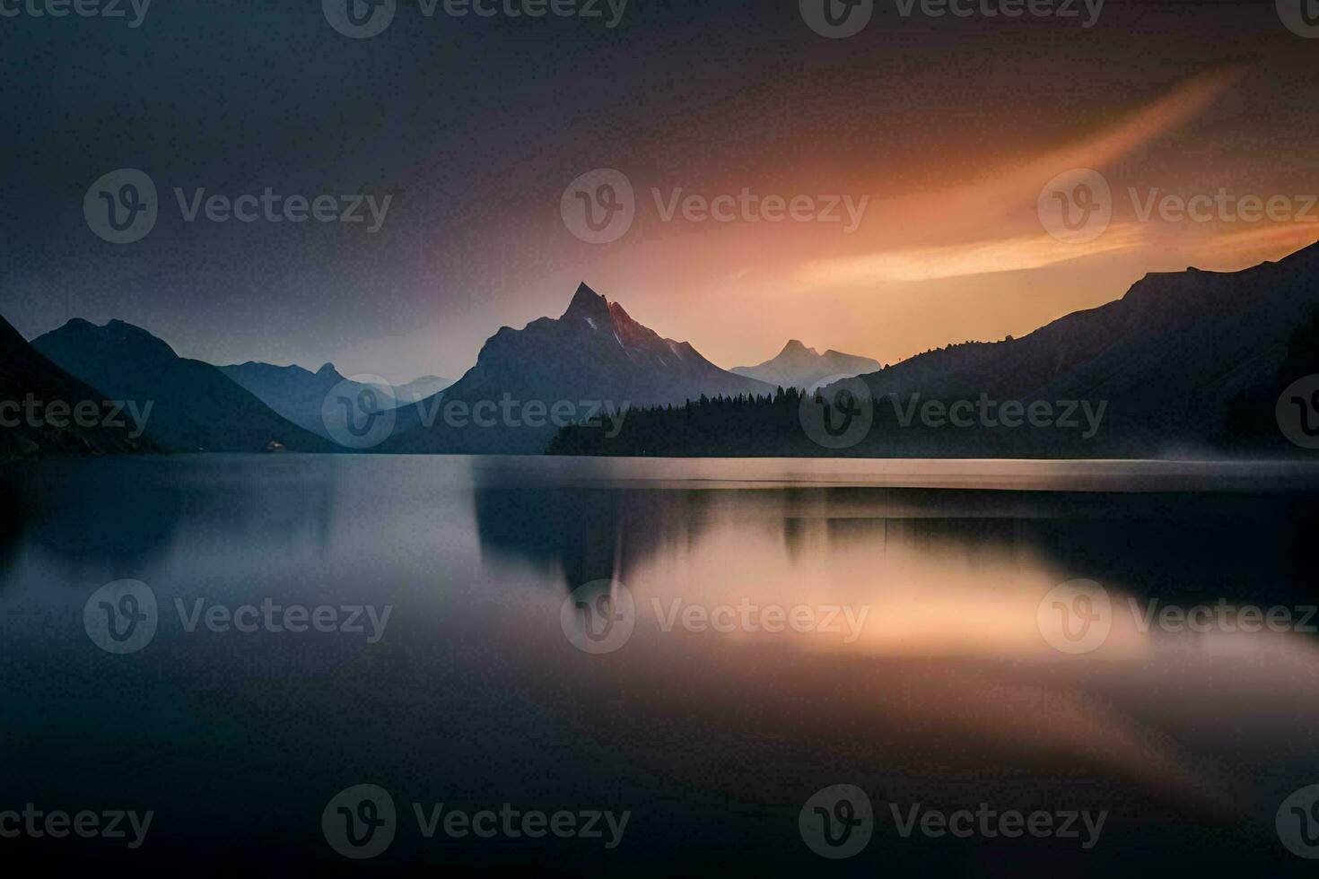 un lago y montañas en el antecedentes a puesta de sol. generado por ai foto