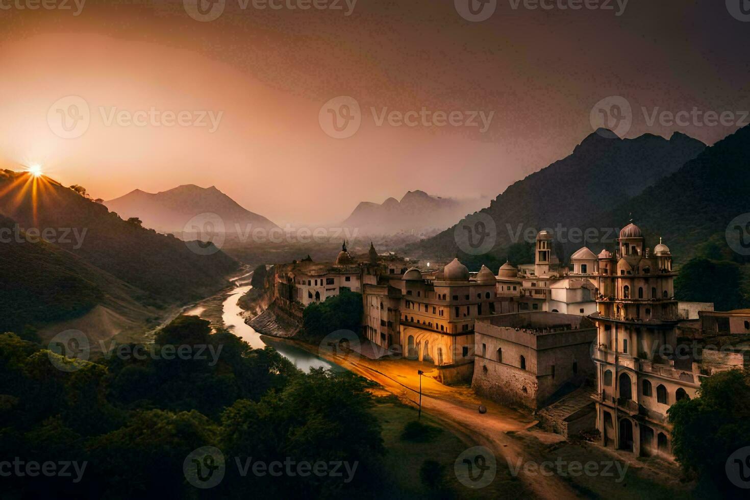 the sun sets over a city in india. AI-Generated photo