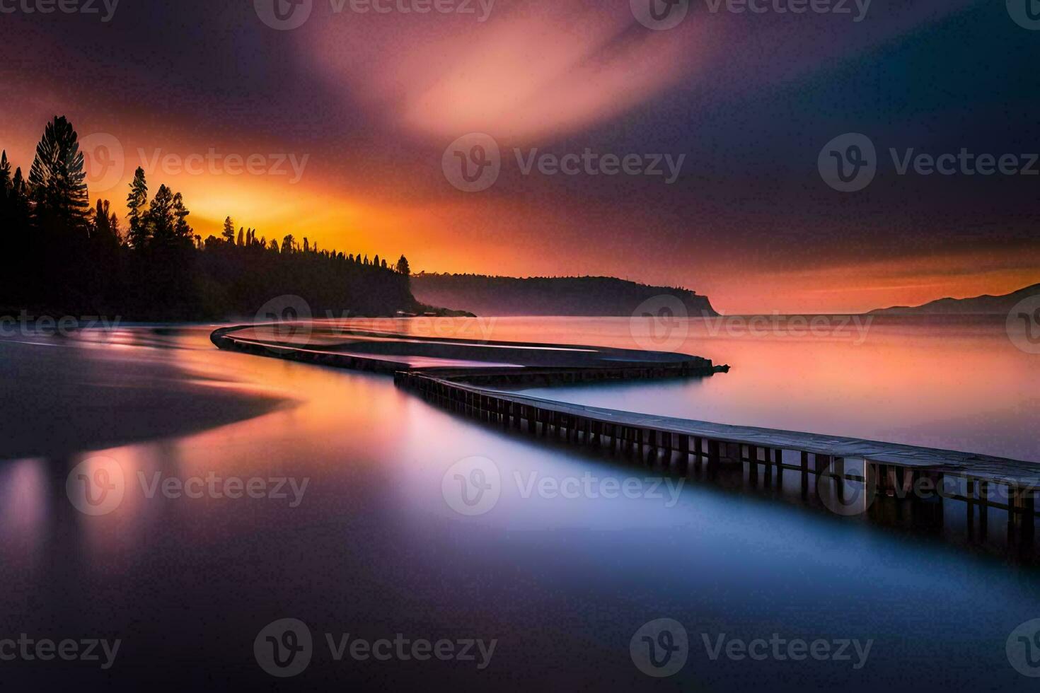 a long exposure photograph of a dock on the shore of a lake. AI-Generated photo