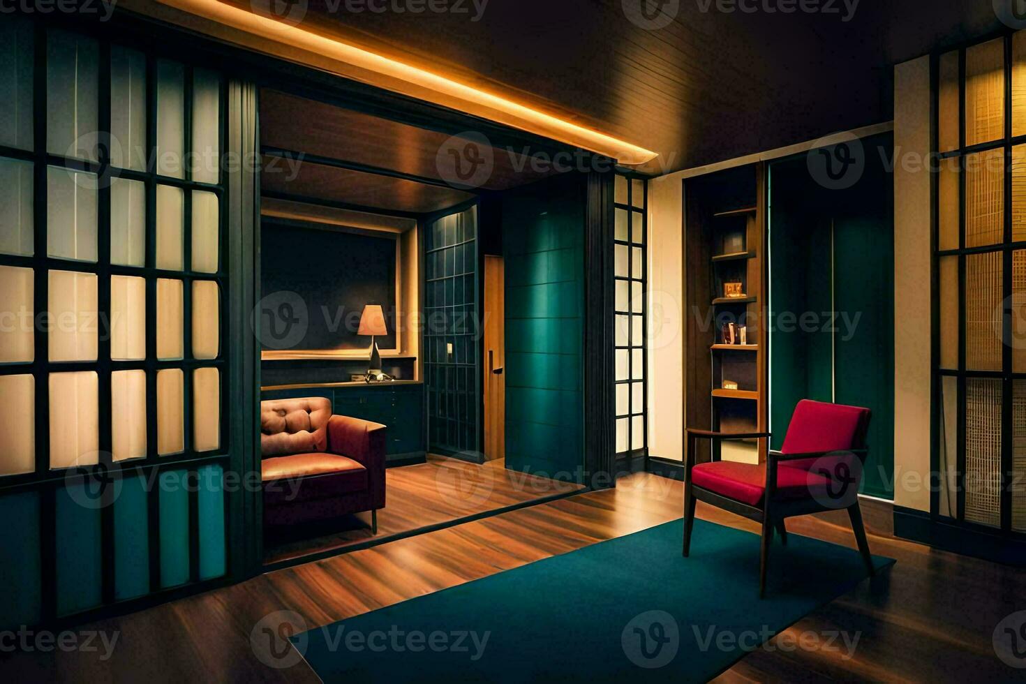 the room has a red chair and a wooden floor. AI-Generated photo