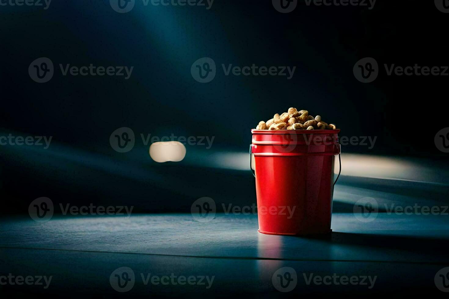 a red bucket filled with peanuts sits on a table. AI-Generated photo