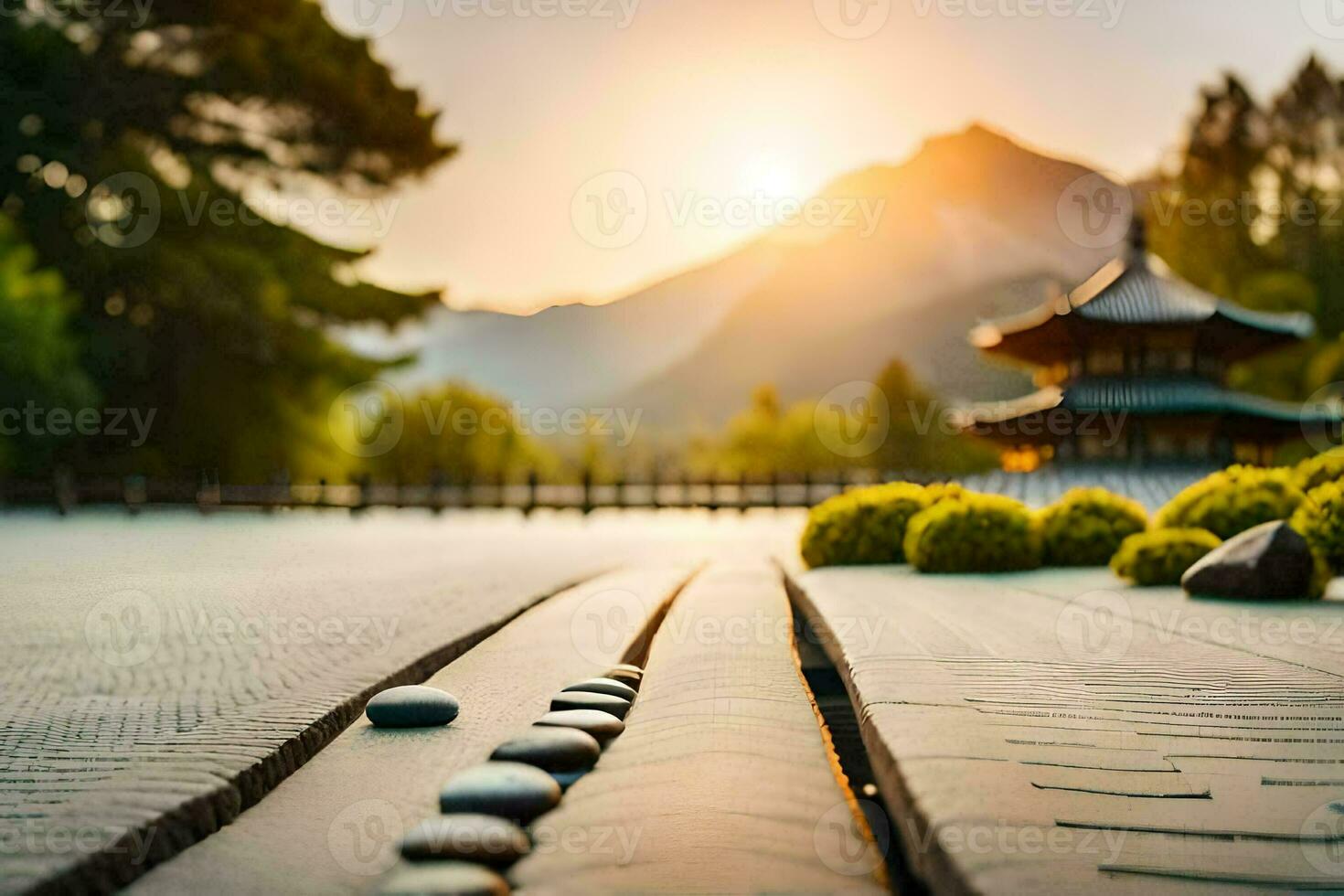 a stone walkway in front of a pagoda. AI-Generated photo