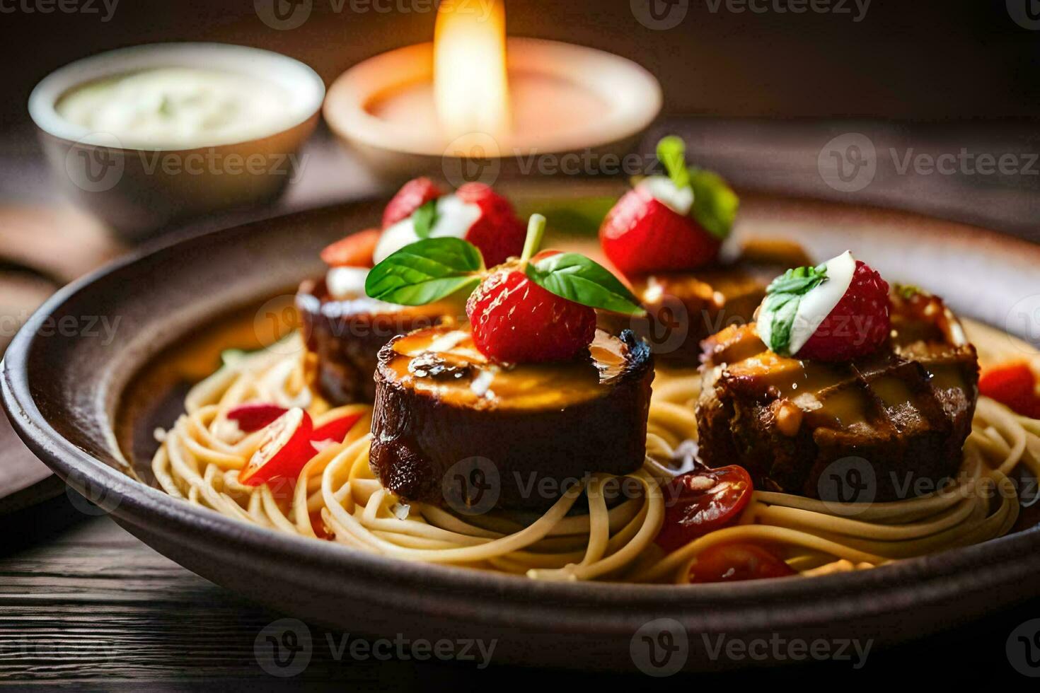 spaghetti with meatballs and strawberries on a wooden table. AI-Generated photo