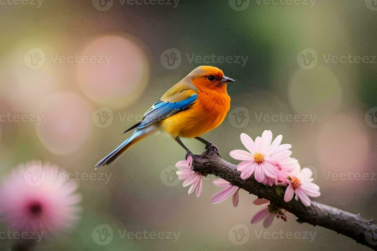 un vistoso pájaro se sienta en un rama con rosado flores generado por ai foto