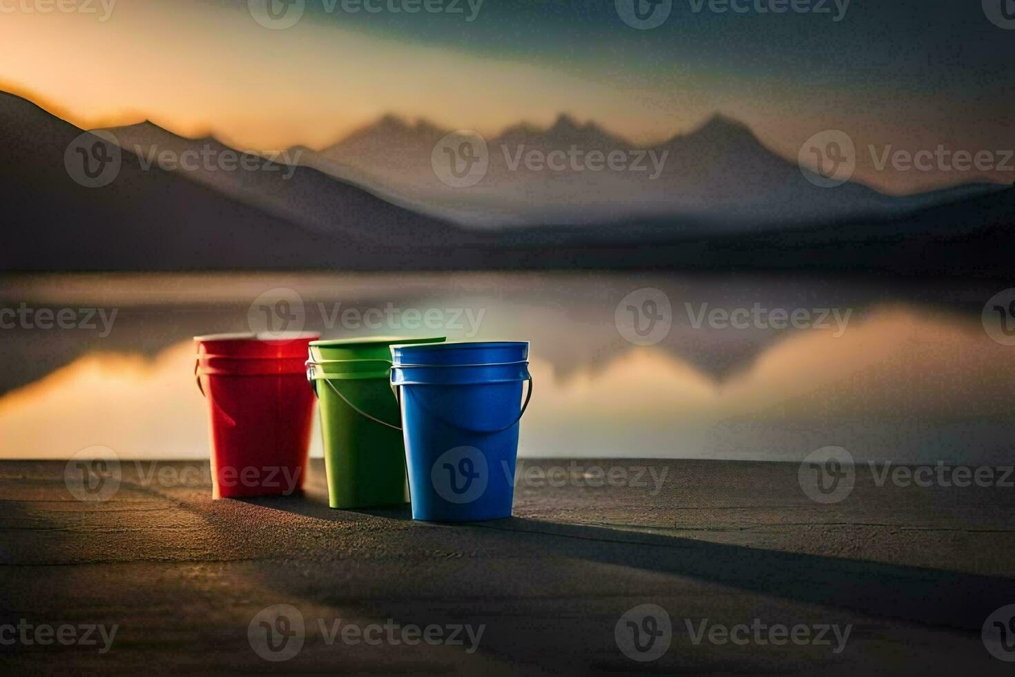 three colorful buckets sit on the ground near a lake. AI-Generated photo
