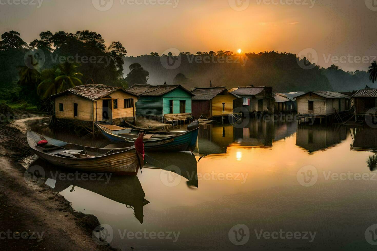boats docked at the shore of a river at sunset. AI-Generated photo
