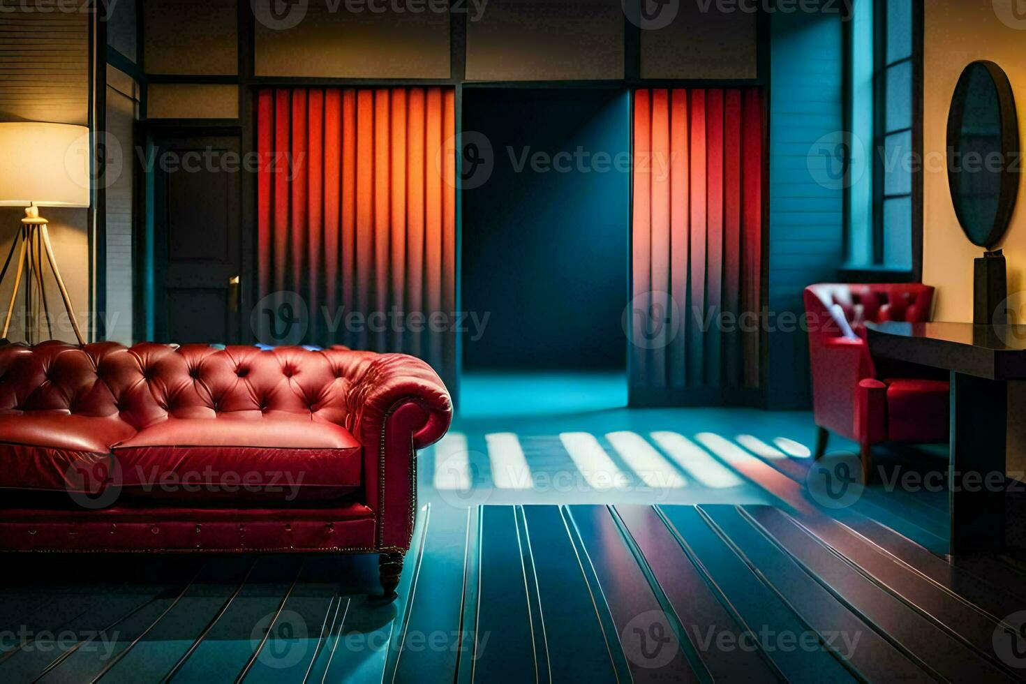 a red leather couch sits in a room with blue walls. AI-Generated photo