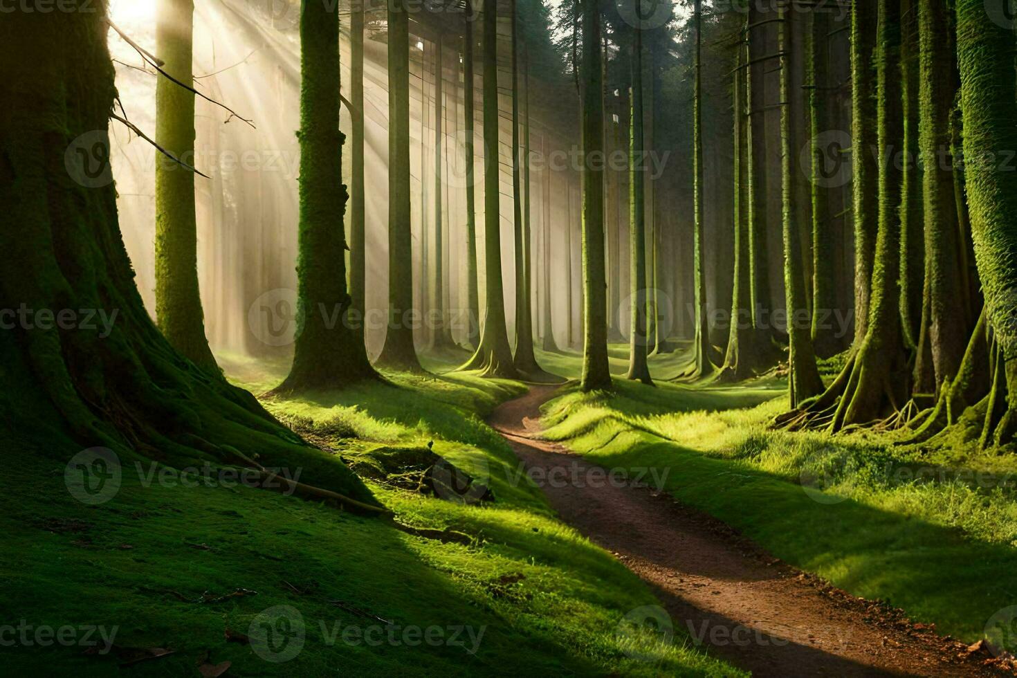a path through a forest with trees and grass. AI-Generated photo