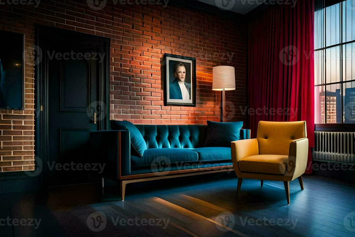 a living room with a brick wall and a blue couch. AI-Generated photo