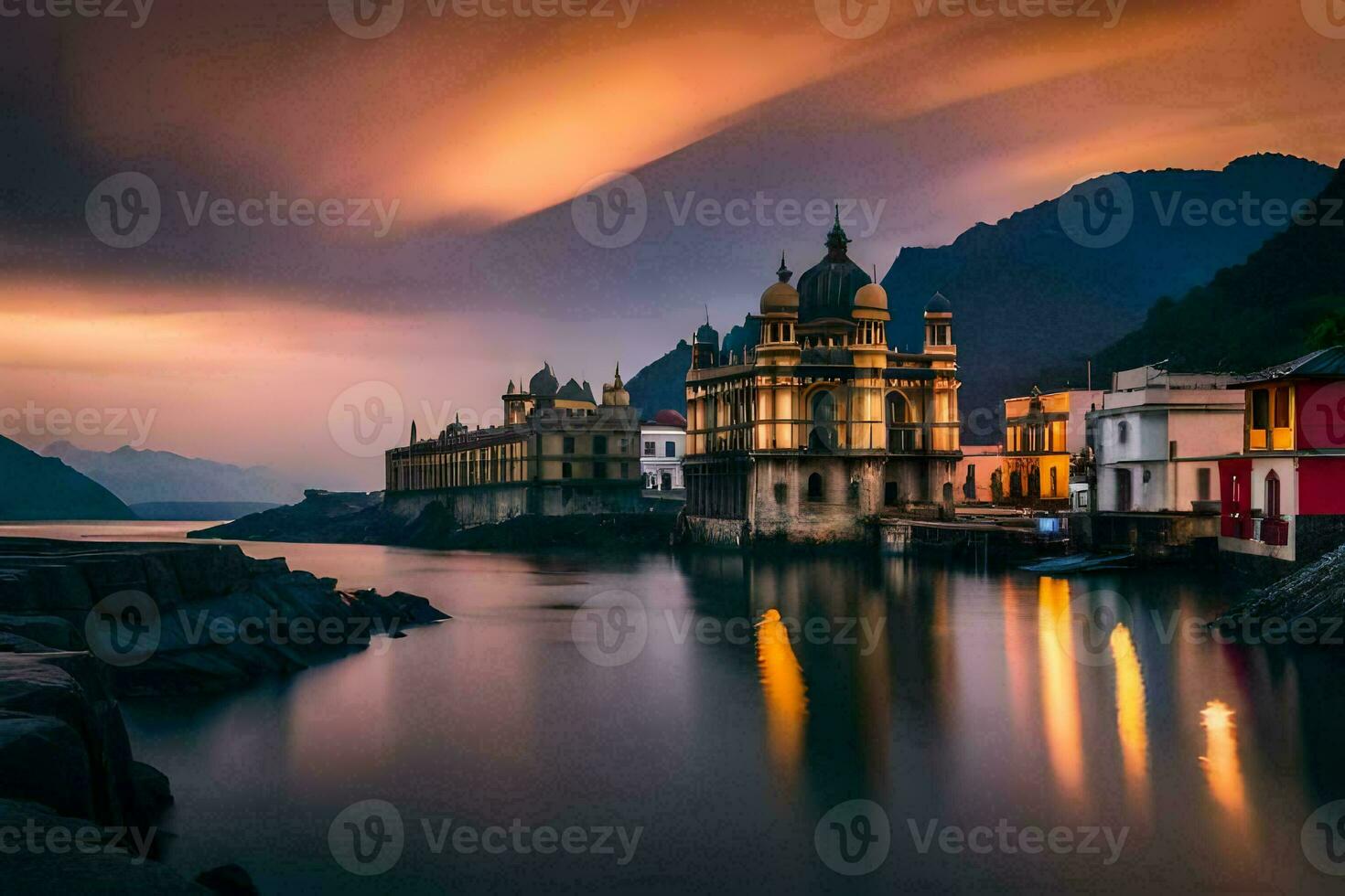 a beautiful sunset over a lake and buildings. AI-Generated photo