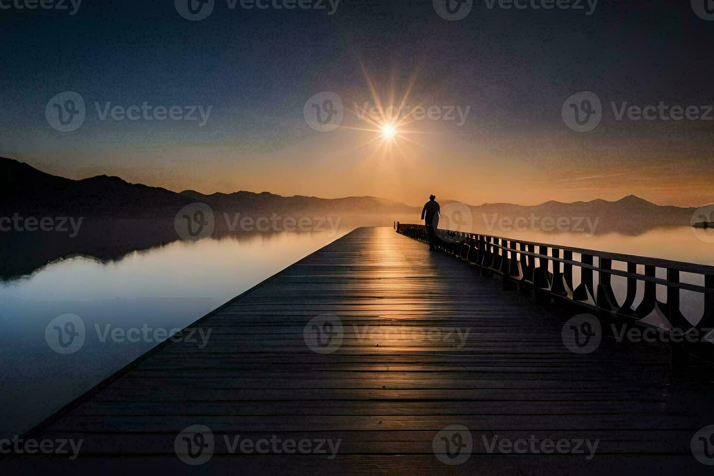 a man stands on a pier looking at the sun. AI-Generated photo