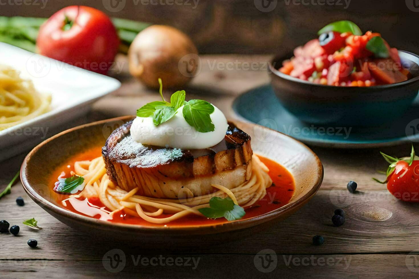 a plate of pasta with a scallop on top and tomatoes. AI-Generated photo