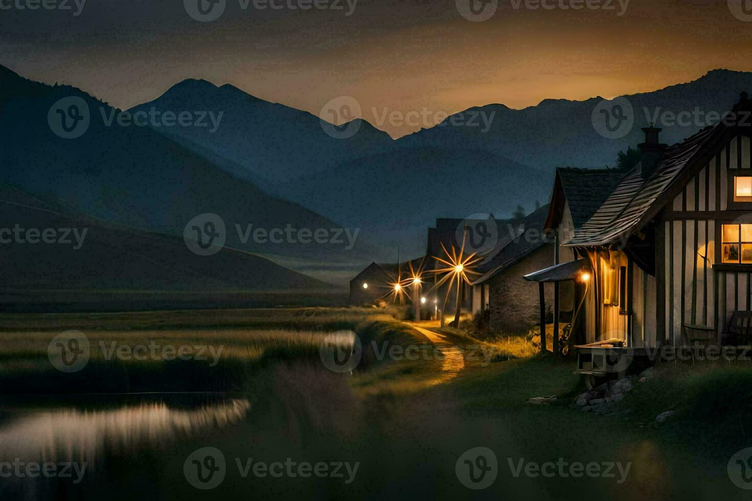 photo wallpaper the sky, mountains, house, the village, the lake, the mountains, the. AI-Generated