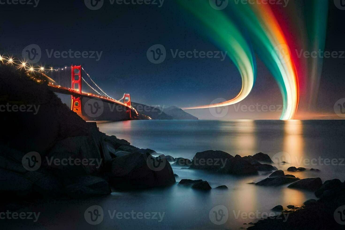 the golden gate bridge is lit up with a rainbow. AI-Generated photo