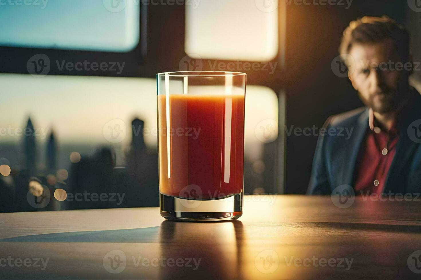 a glass of orange juice sitting on a table in front of a man. AI-Generated photo