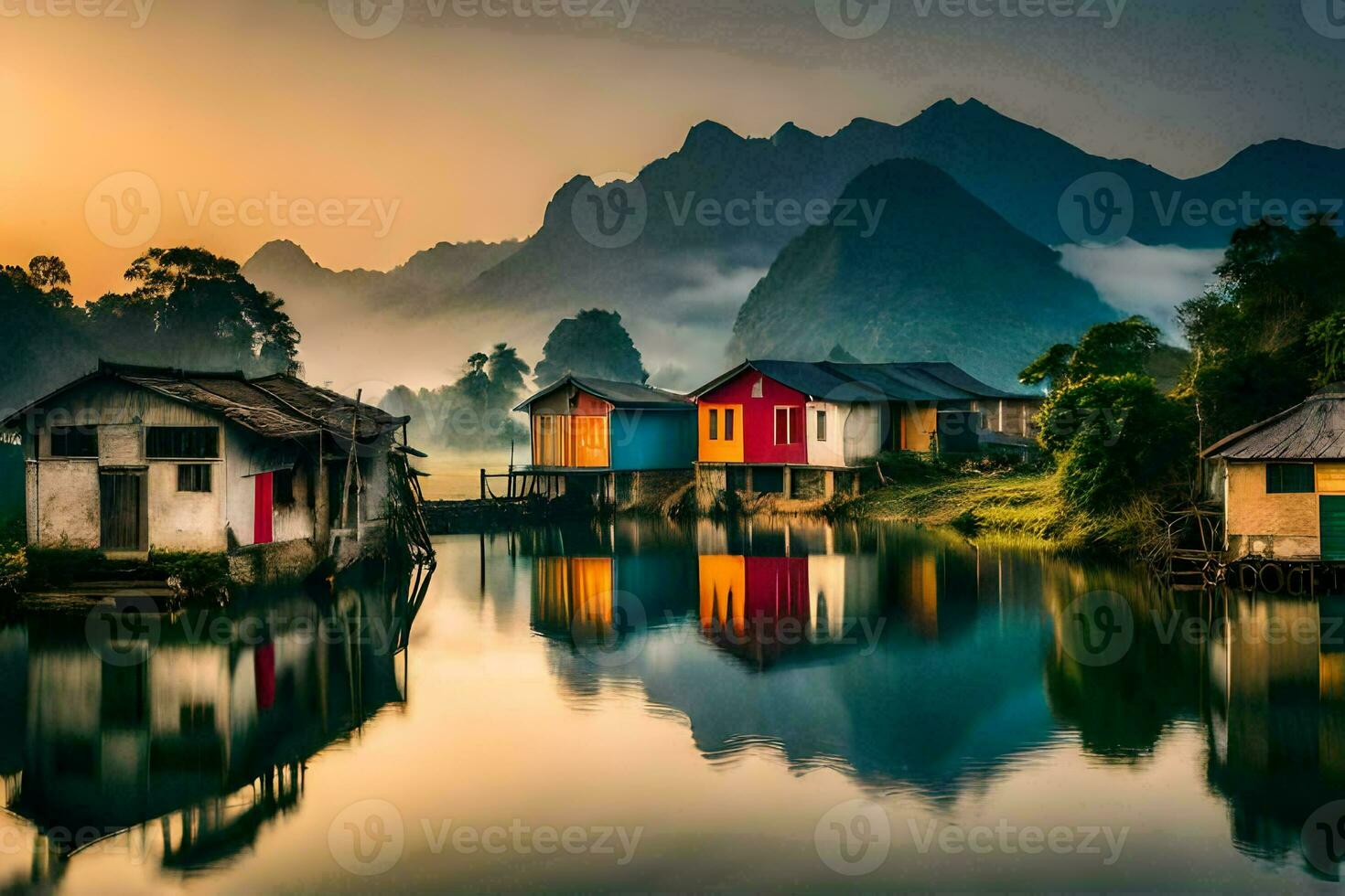 colorful houses on the water in front of mountains. AI-Generated photo