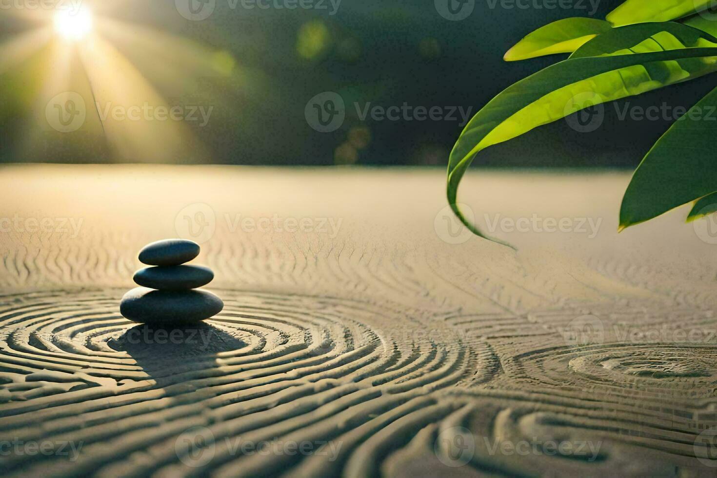 a stack of rocks sitting on the sand with the sun shining. AI-Generated photo