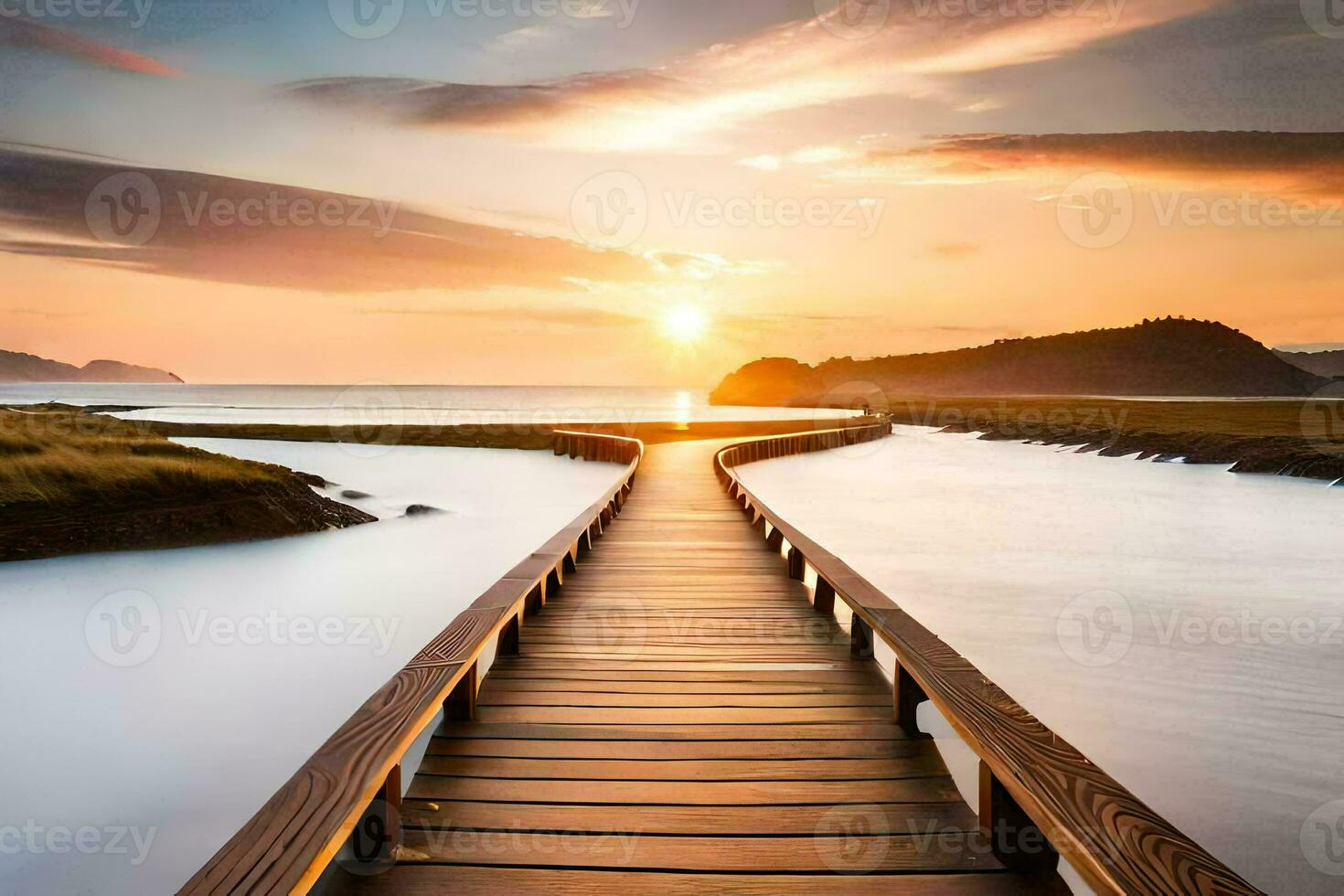 the sun rises over the water and the wooden bridge. AI-Generated photo