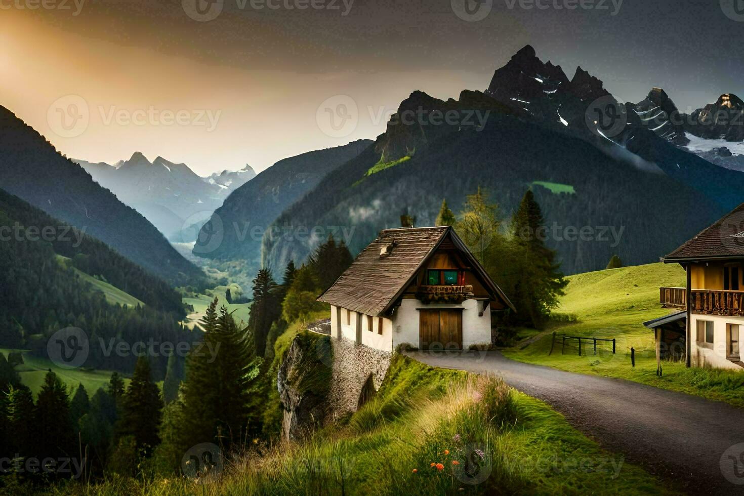a road in the mountains with a house and a mountain. AI-Generated photo