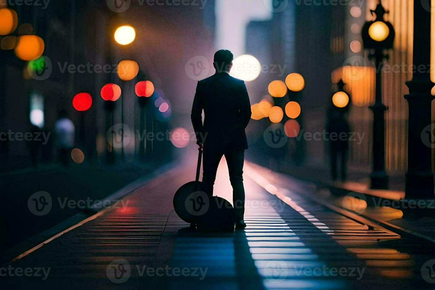 a man is walking down a city street at night. AI-Generated photo