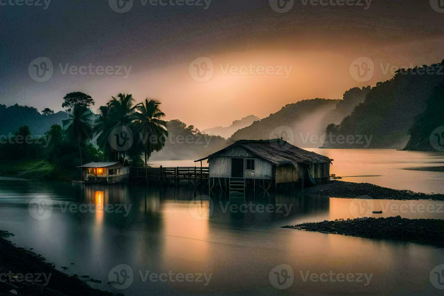 a small house sits on the shore of a river. AI-Generated photo