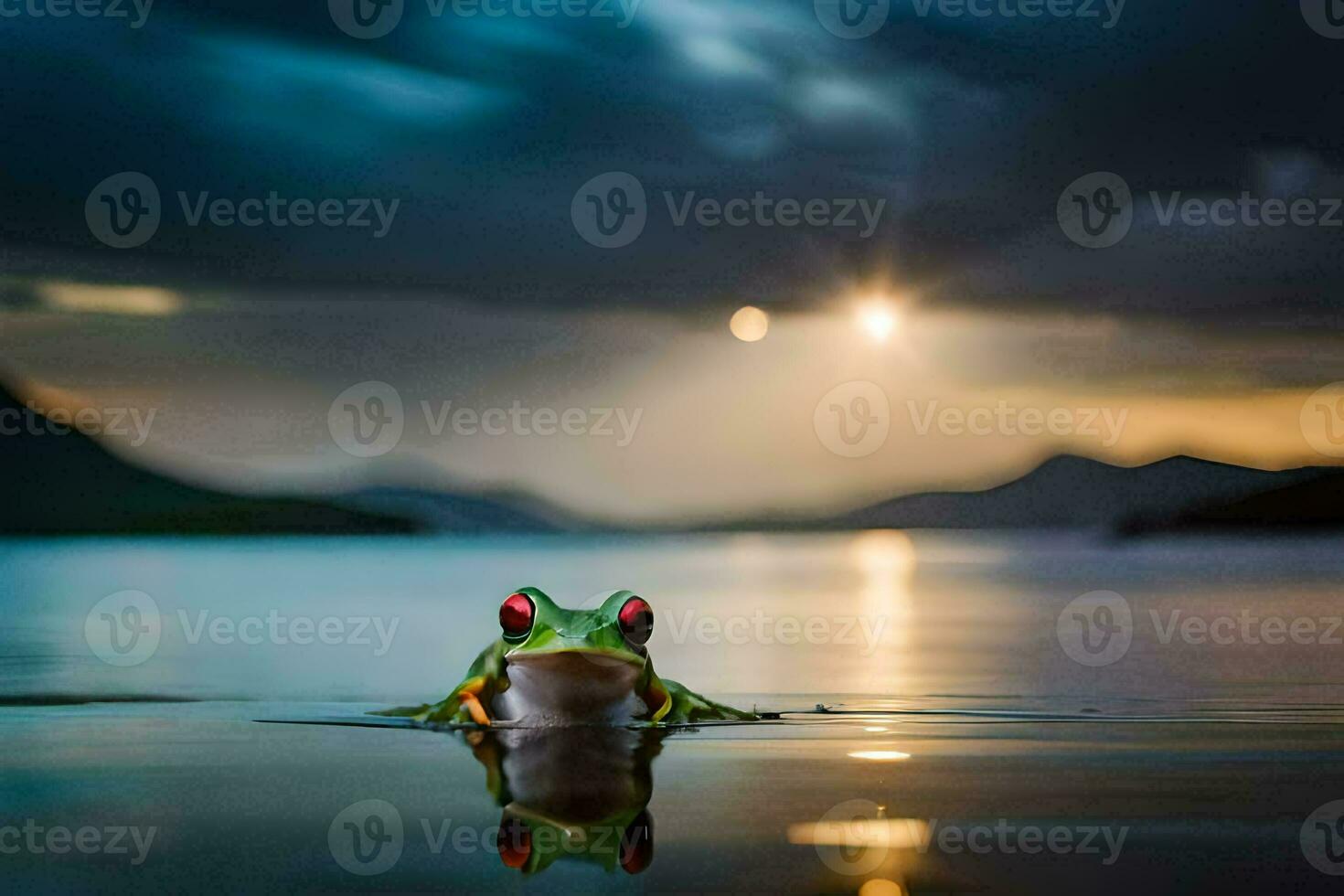 a frog in the water with a sunset behind it. AI-Generated photo