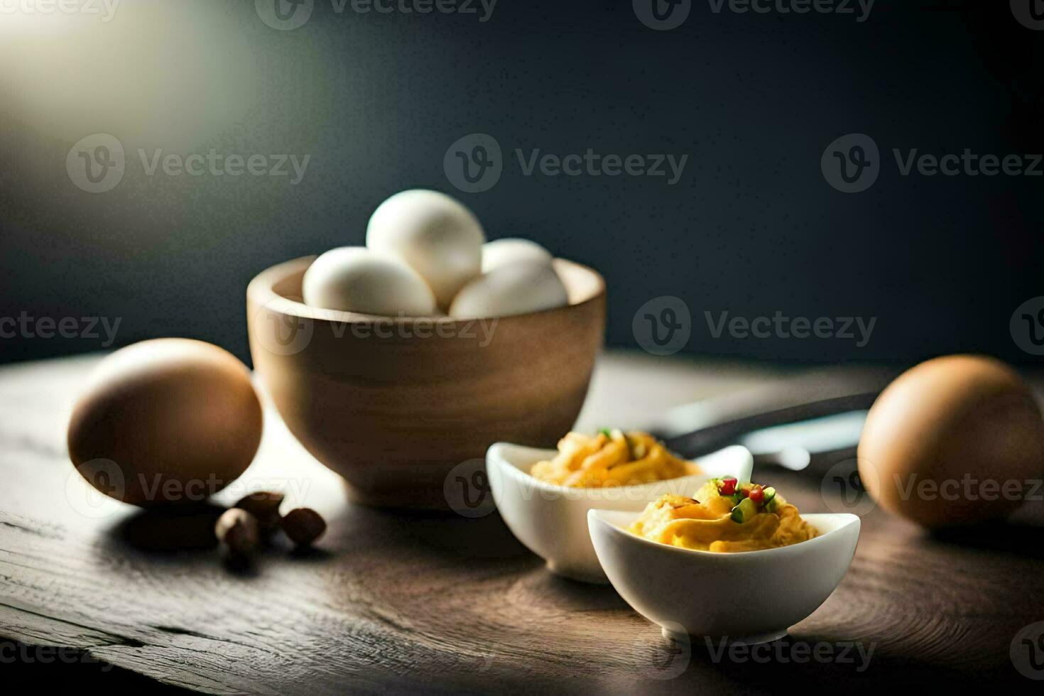 eggs in small bowls with mustard and nuts. AI-Generated photo