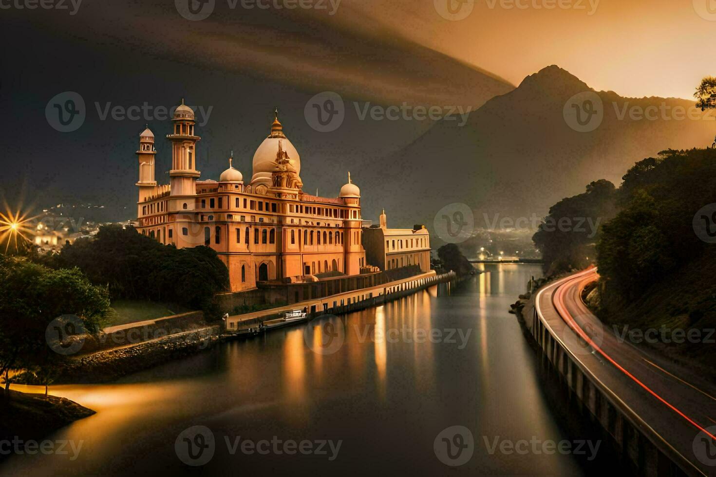 the sun sets over a river and a mosque. AI-Generated photo