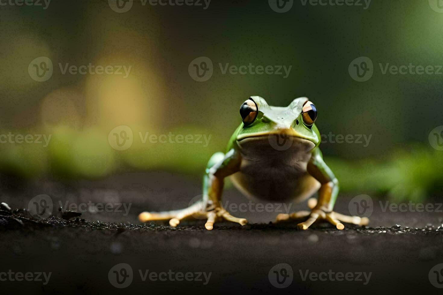 a frog is sitting on the ground with its eyes open. AI-Generated photo