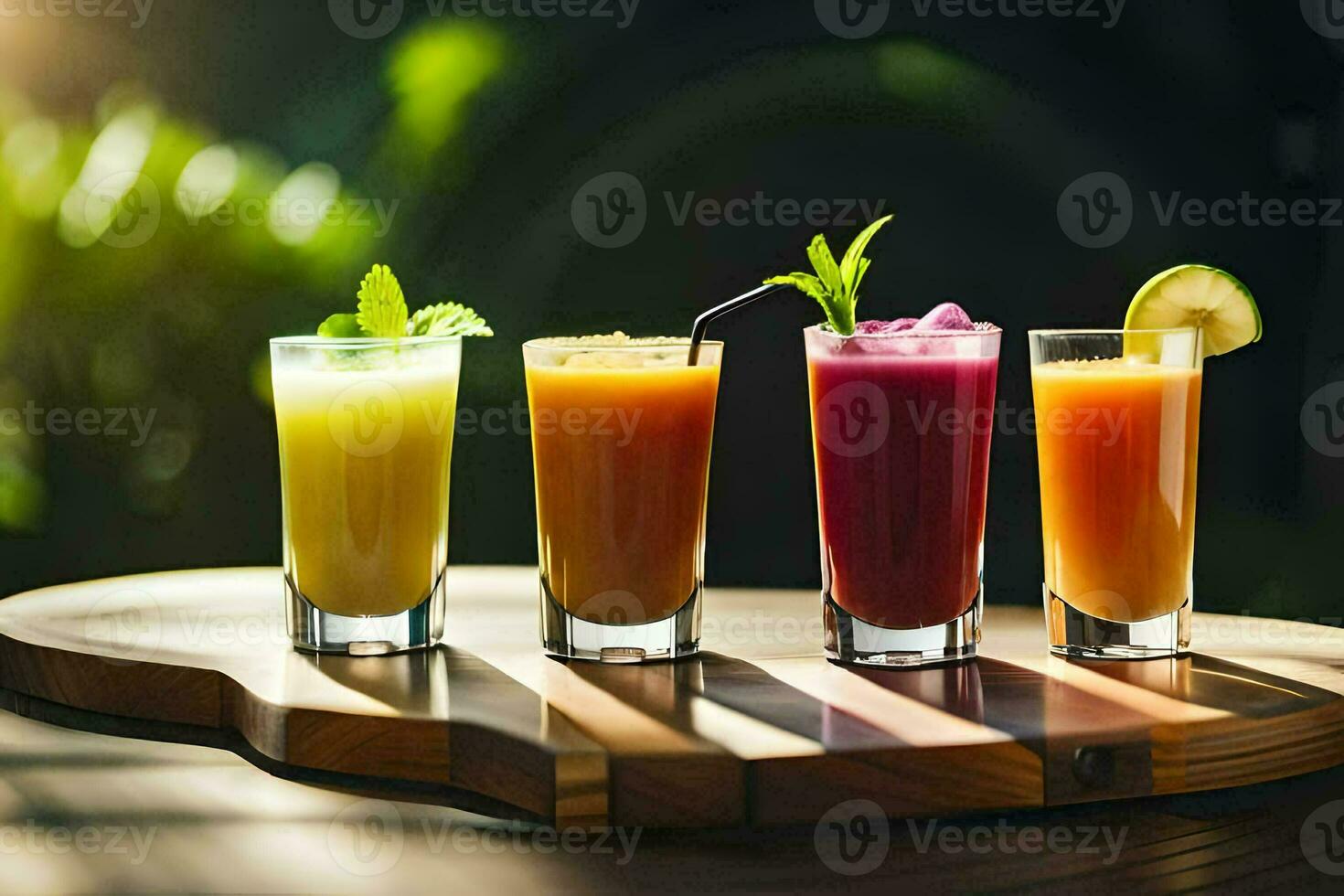 five different types of juices on a wooden tray. AI-Generated photo