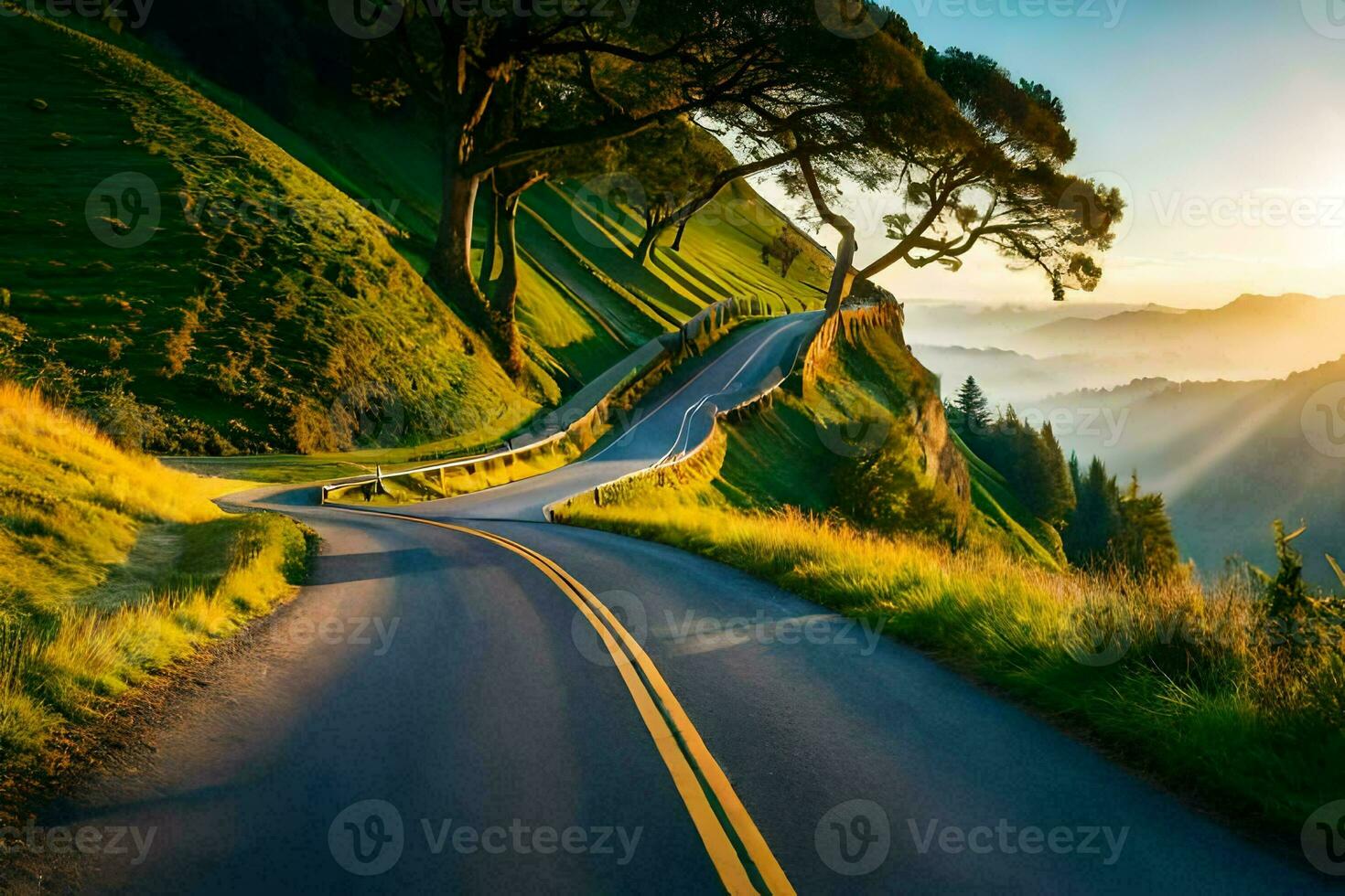 a scenic road in the mountains with trees and grass. AI-Generated photo