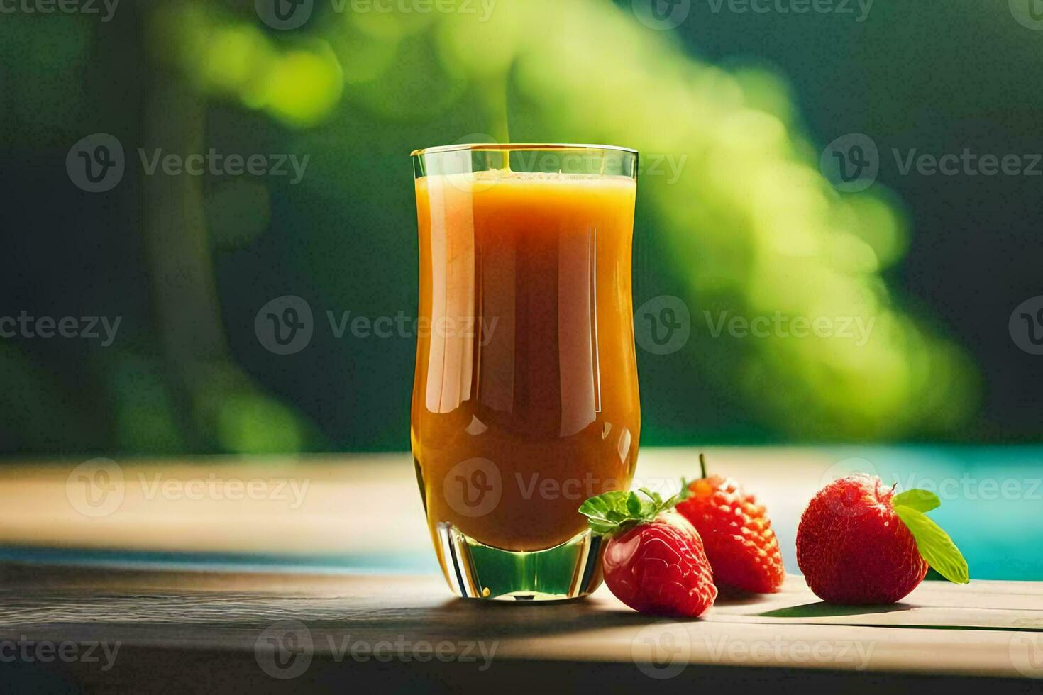 a glass of orange juice with strawberries on a table. AI-Generated photo
