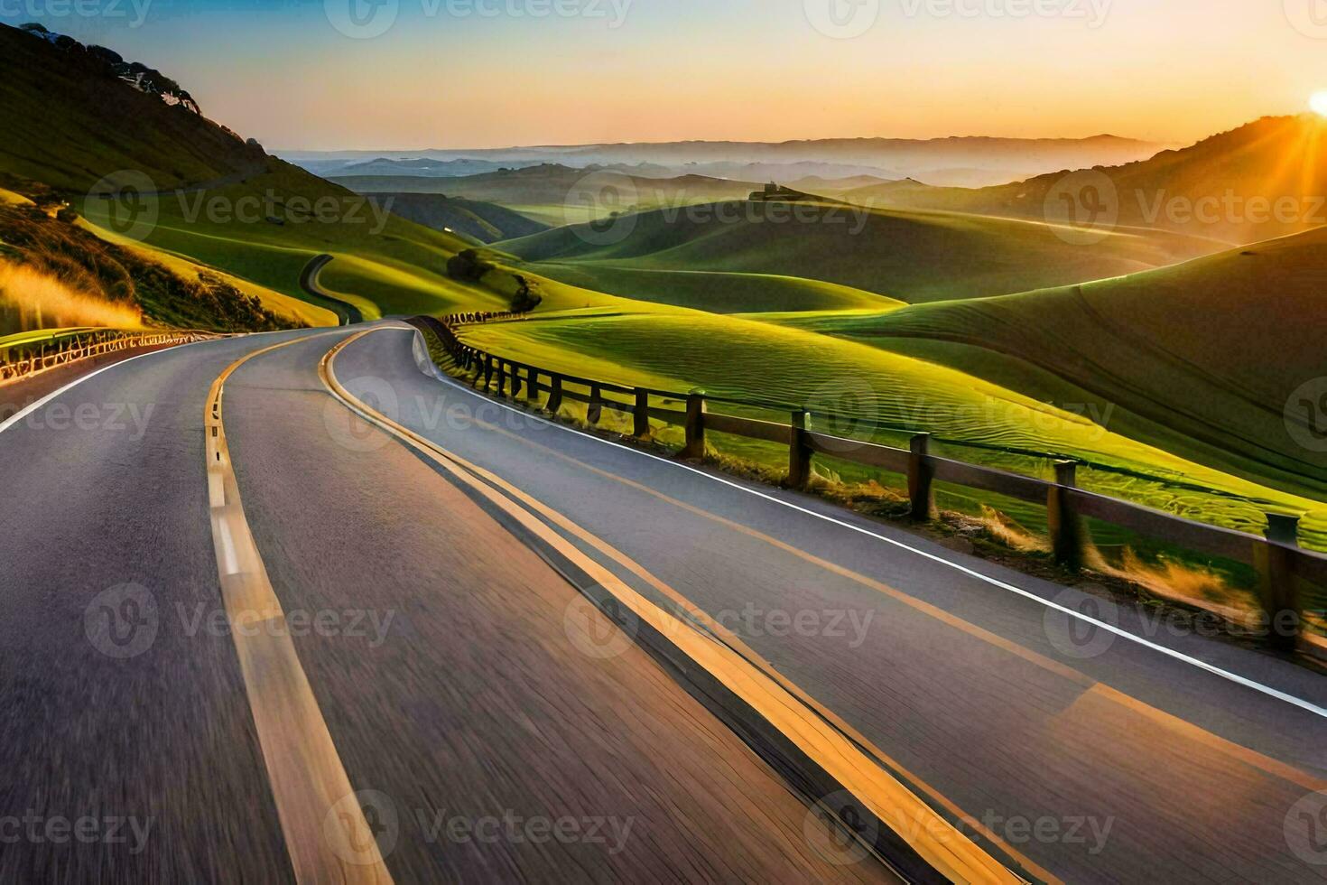 the sun rises over the rolling hills of the pacific coast. AI-Generated photo