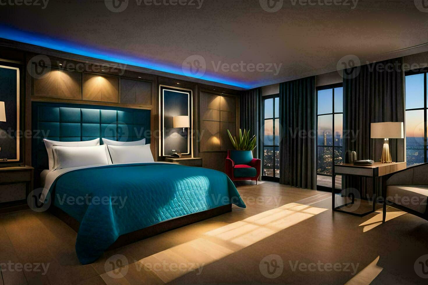 a bedroom with a blue bed and a view of the city. AI-Generated photo